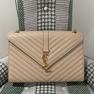 Saint Laurent Beige Chevron Quilted Shoulder Bag with Gold Hardware